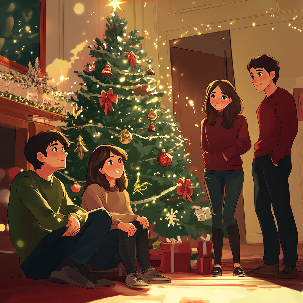 Family sitting under Christmas tree with parents watching