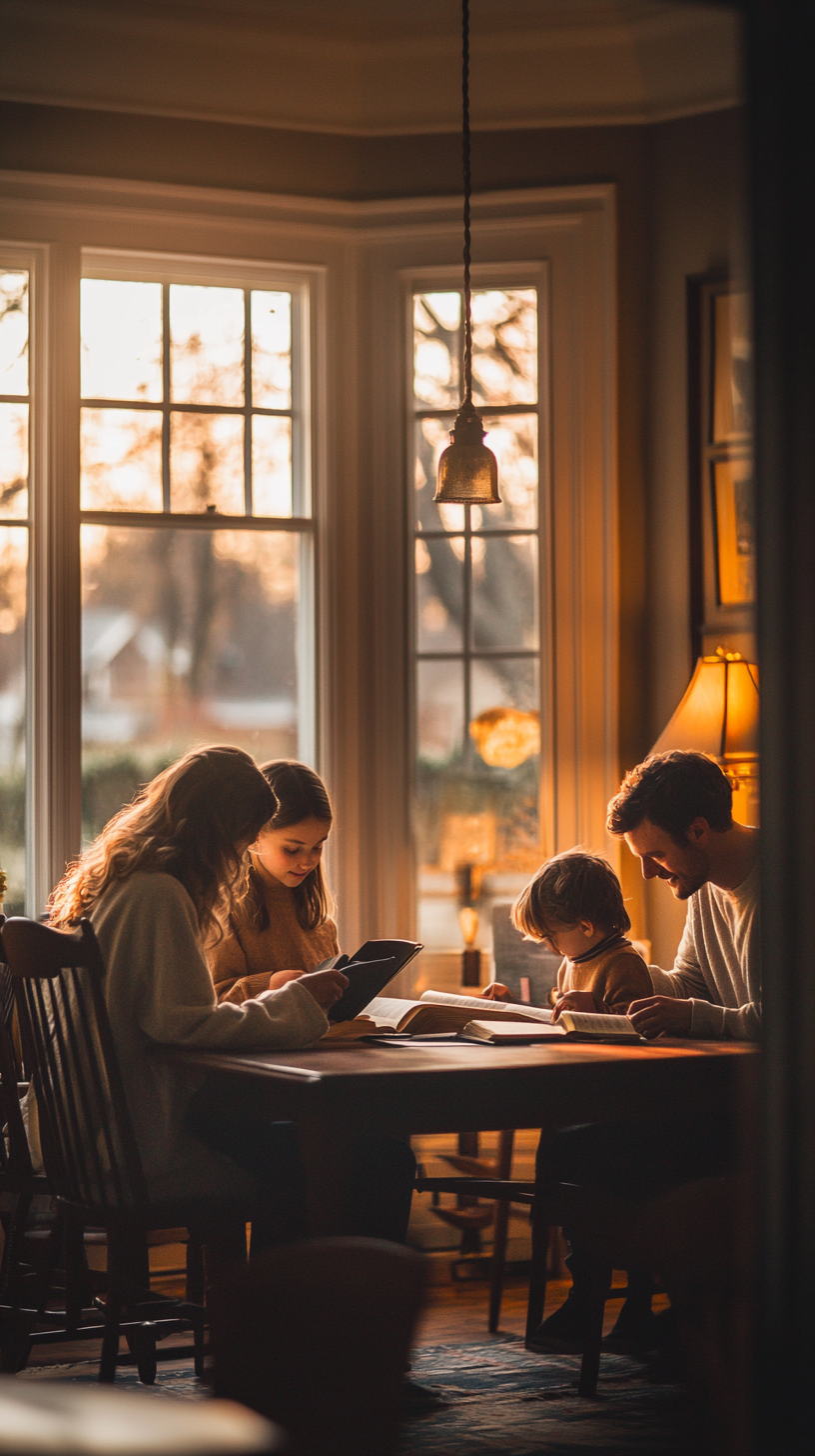 Family studies Bible in 2024 living room - golden-hour glow.