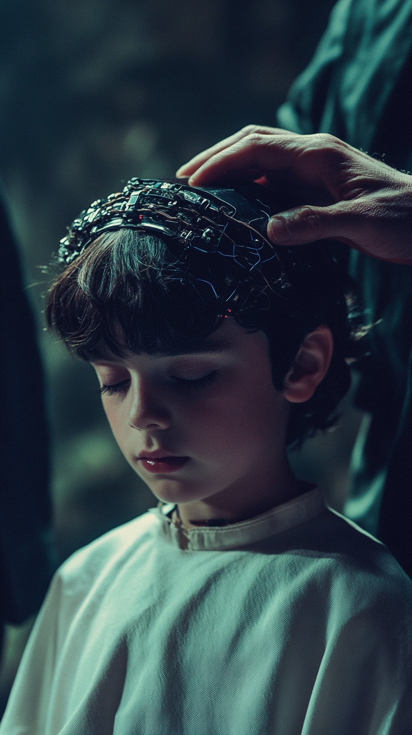 Family watches as boy receives neural chip implant.