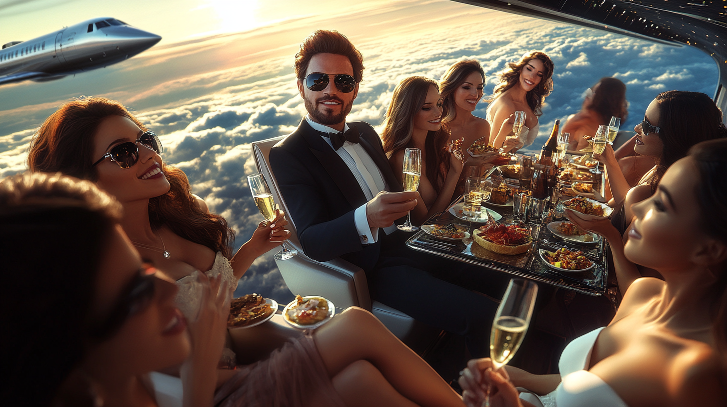 Famous actor on luxurious jet with women partying