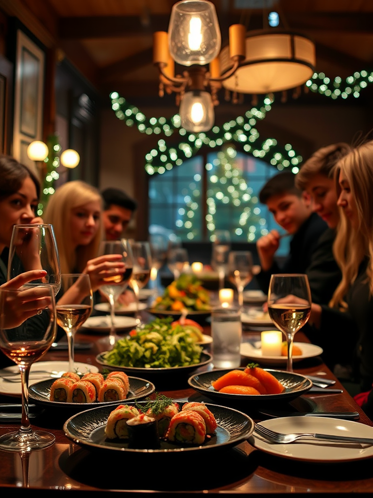 Fancy Christmas party with sushi and wine glasses.