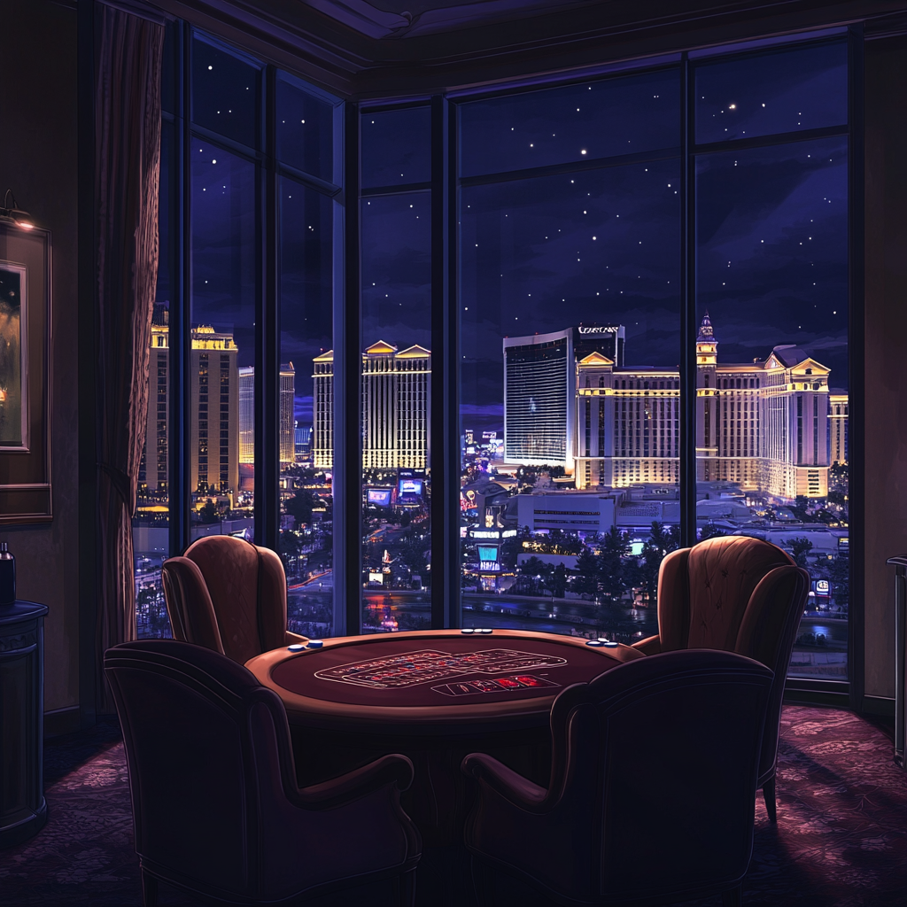 Fancy hotel room in Las Vegas at night.