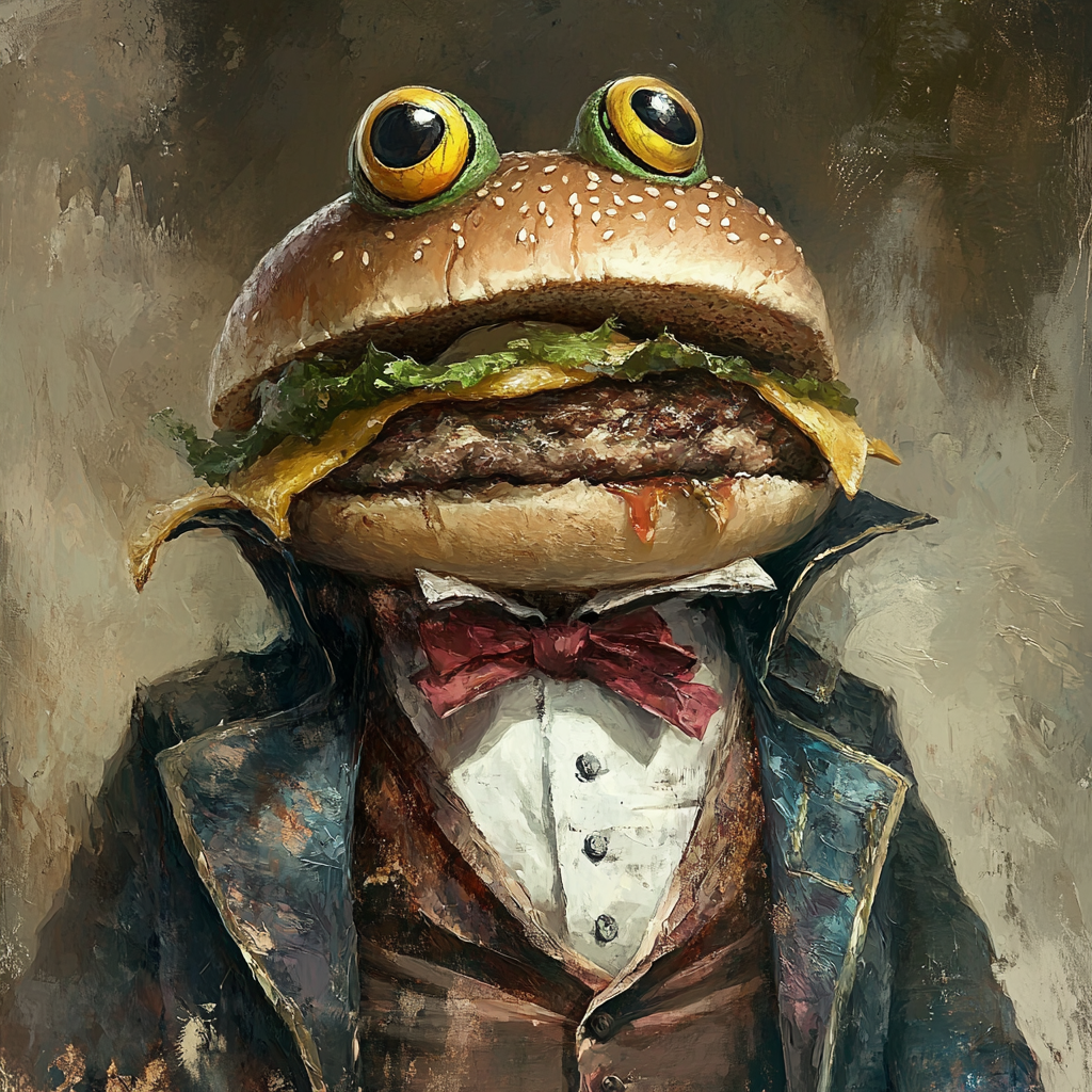 Fancy mayor with hamburger head and frog eyes.