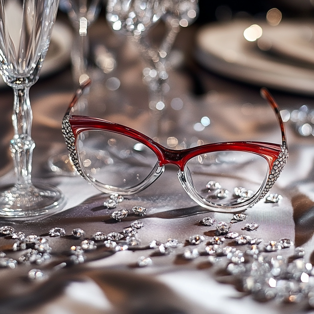 Fancy red eye glasses on shiny table with rhinestones