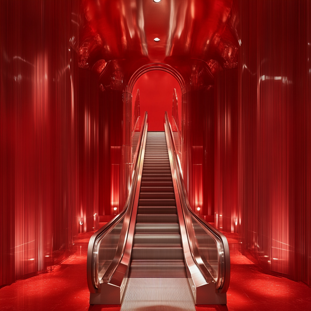 Fancy silver escalator in red room with spotlights