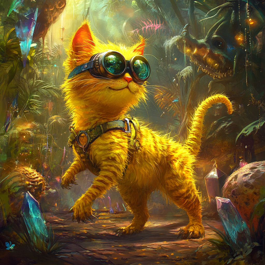 Fantastical creature blends cat, dinosaur, minion features in jungle.