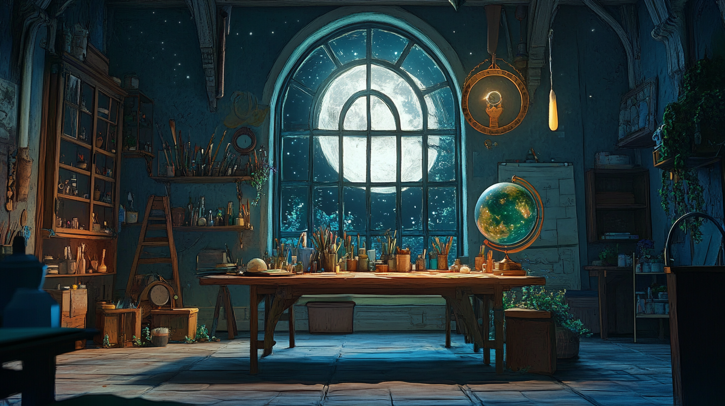 Fantasy Artists' Workshop with Magical Tools, Moonlight, and Globe