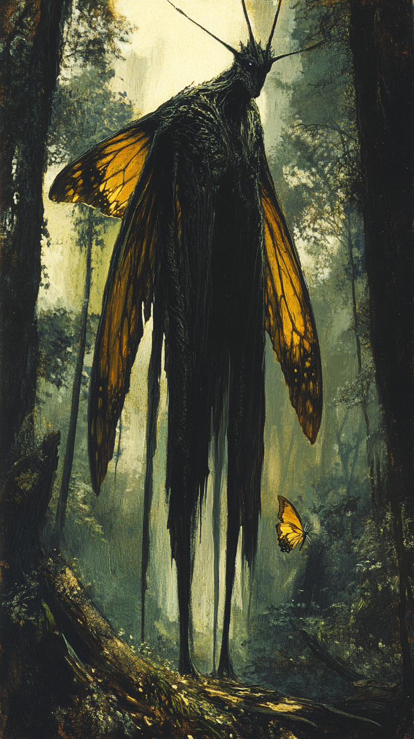 Fantasy Butterfly-Winged Giant in Forest Illustration 1970s Style 