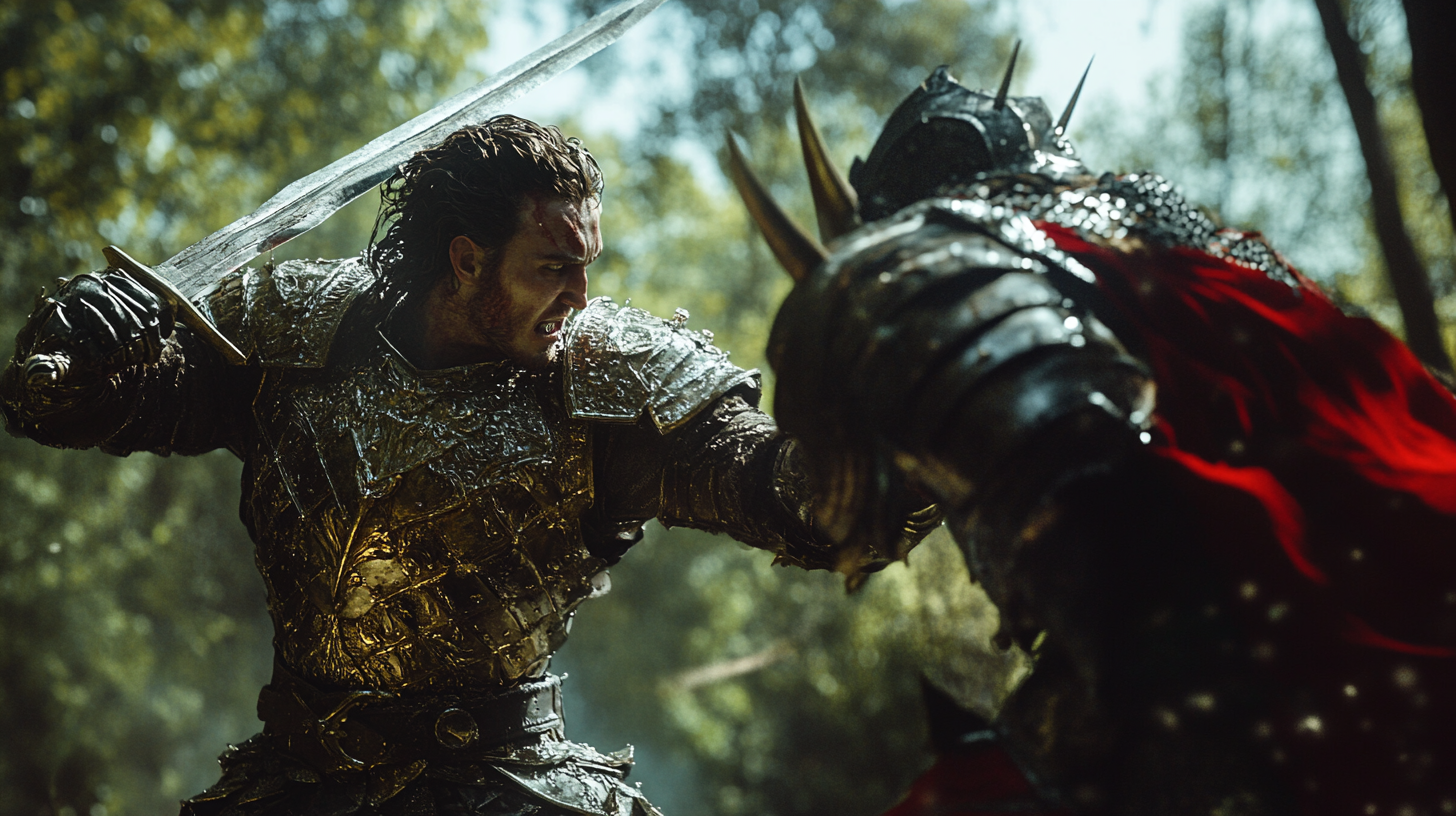 Fantasy D&D movie still: Elven King battles orcish champion