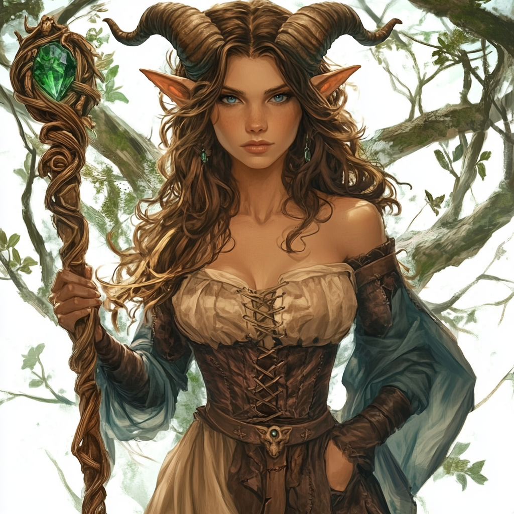 Fantasy Female Satyr in Brown Dress with Ornamental Staff