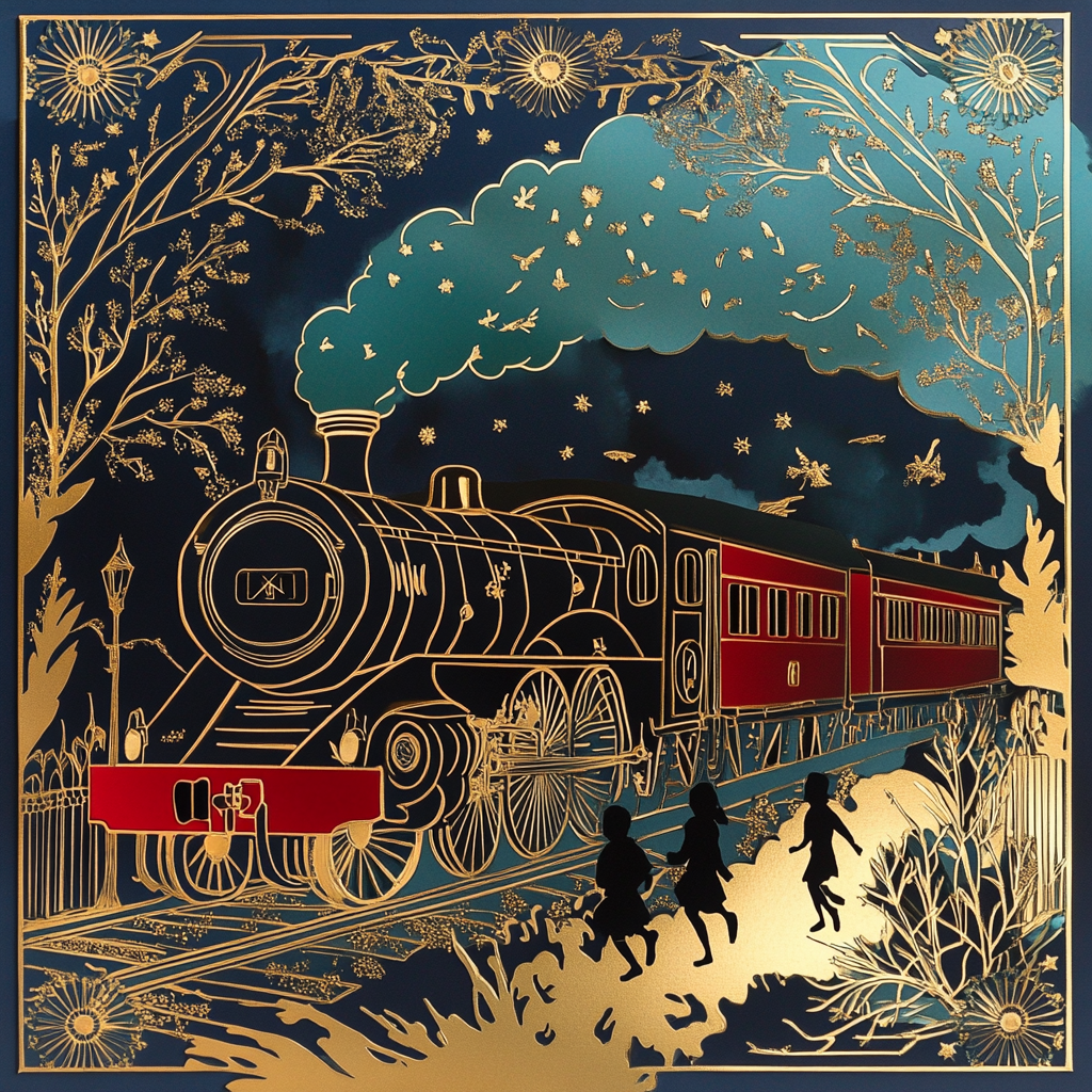 Fantasy Hogwarts Express train scene with gold accents.