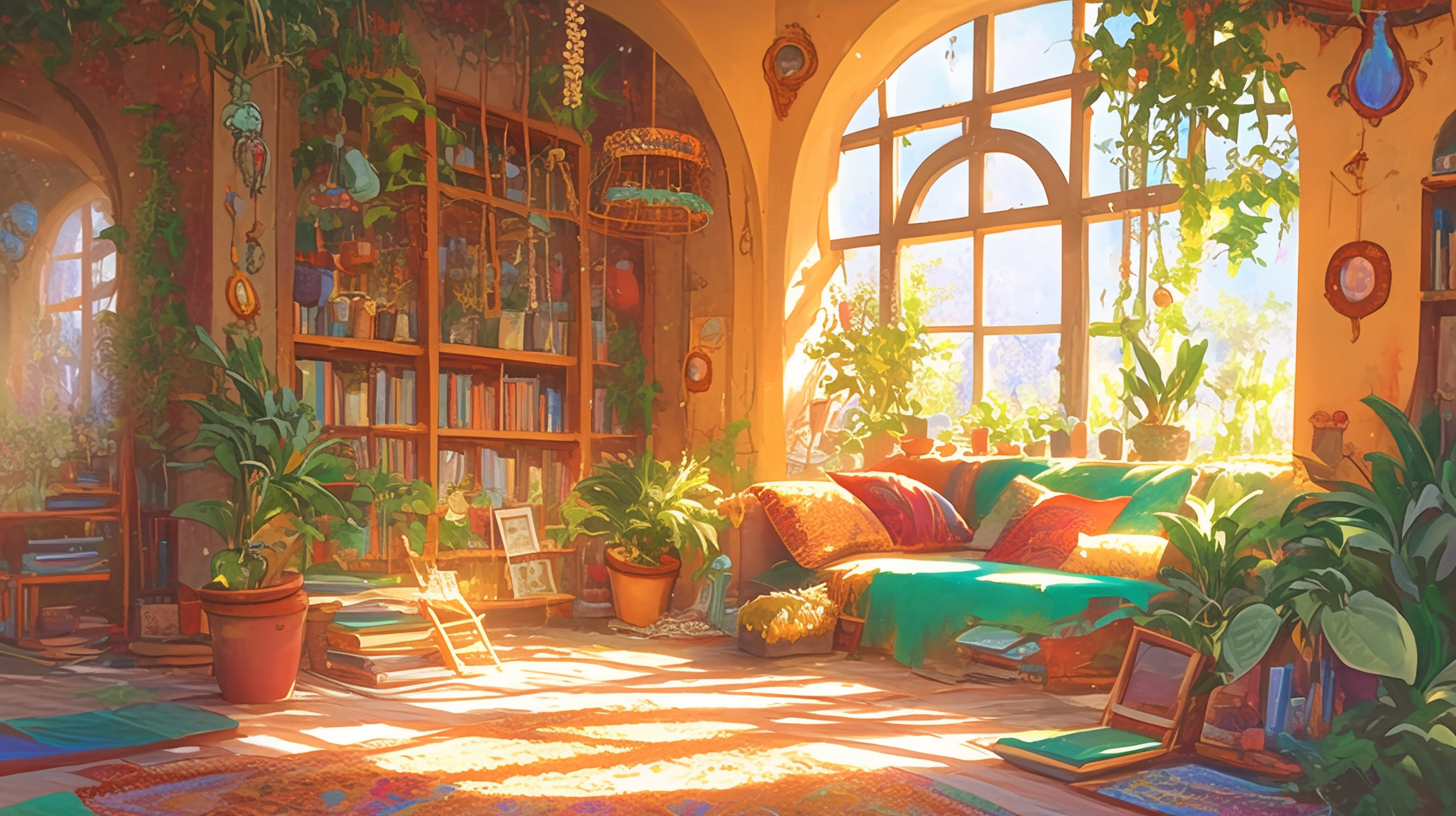 Fantasy Studio, Serene Ghibli-style Room with Greenery