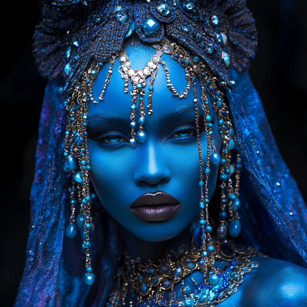 Fantasy Water Genasi Courtesan in Blue Attire