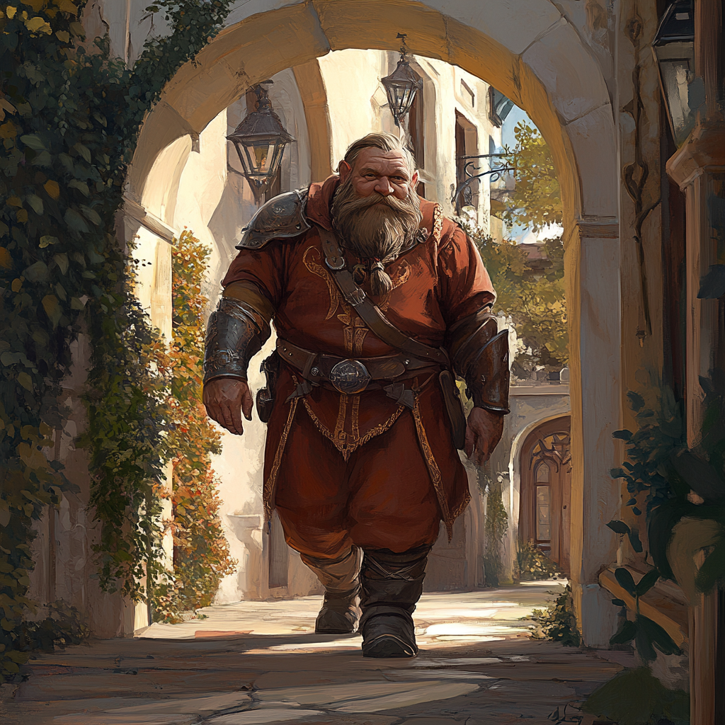 Fantasy art featuring refined dwarf in upscale clothing.