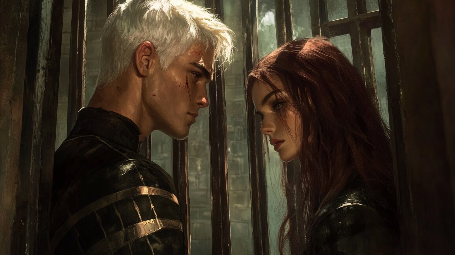 Fantasy art of woman and man in prison.