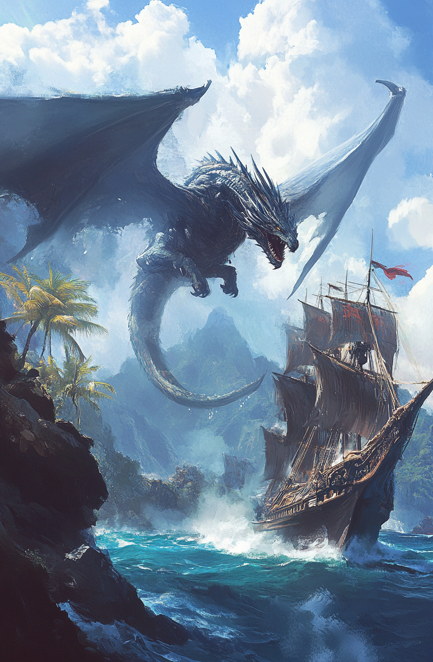 Fantasy artwork of dragon attacking pirate ship.