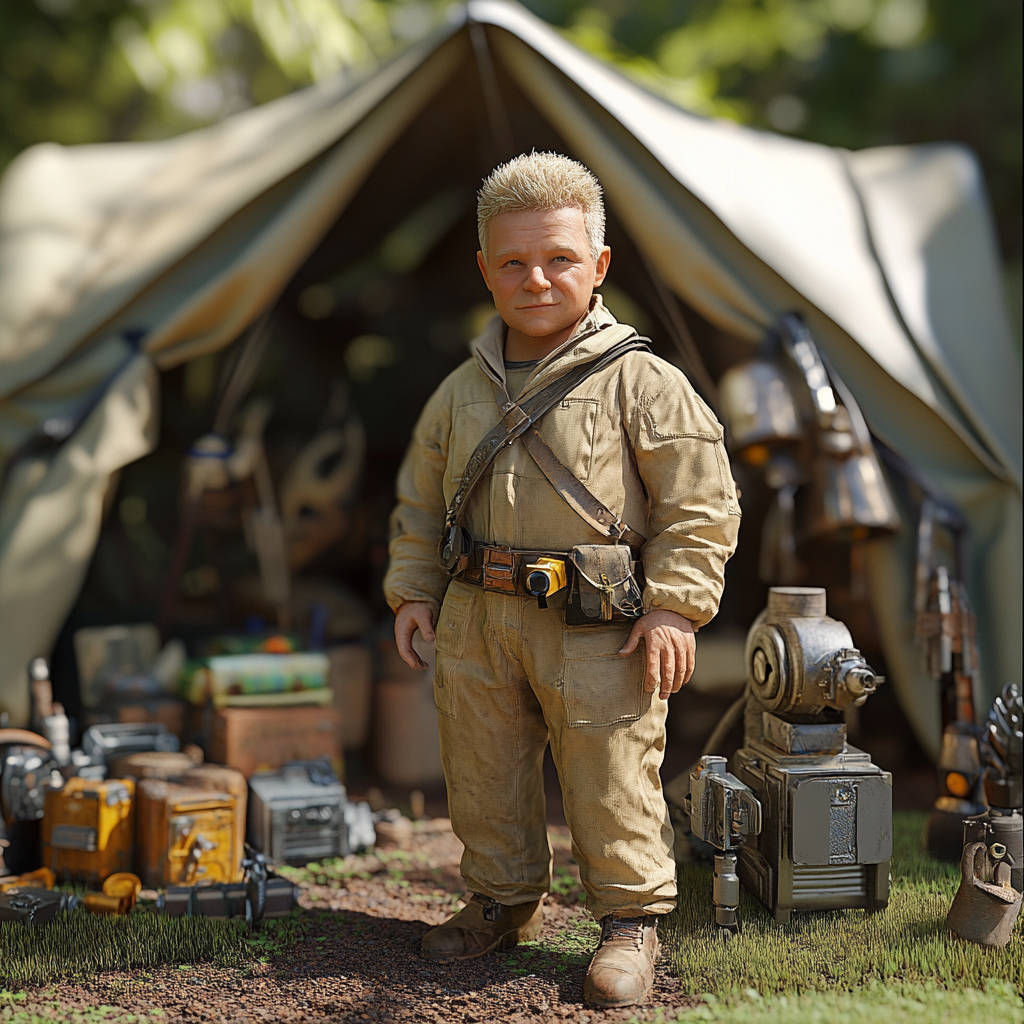 Fantasy battlefield with gnome in tan coveralls tent.