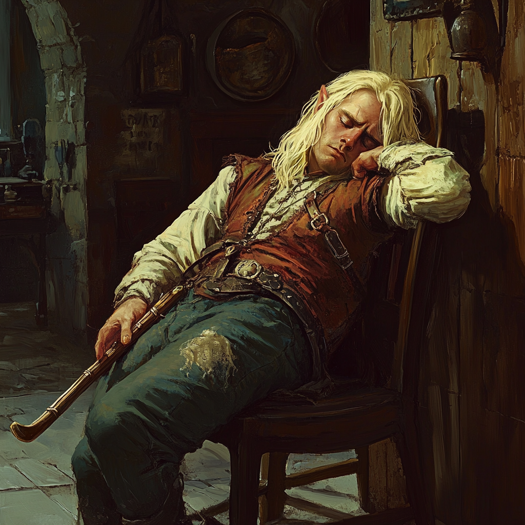 Fantasy book cover features sleeping blond elf bard.