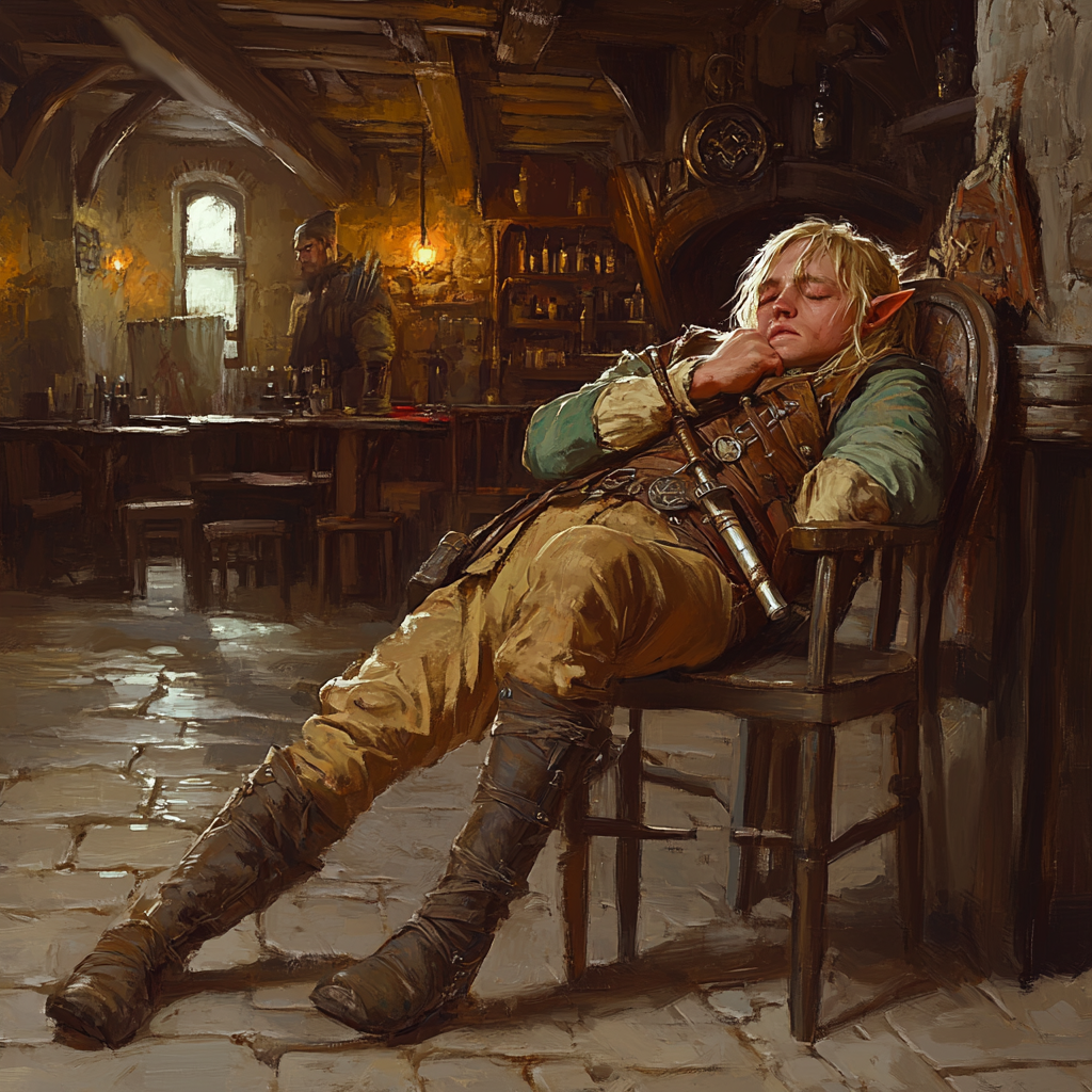 Fantasy book cover with sleeping elf bard.