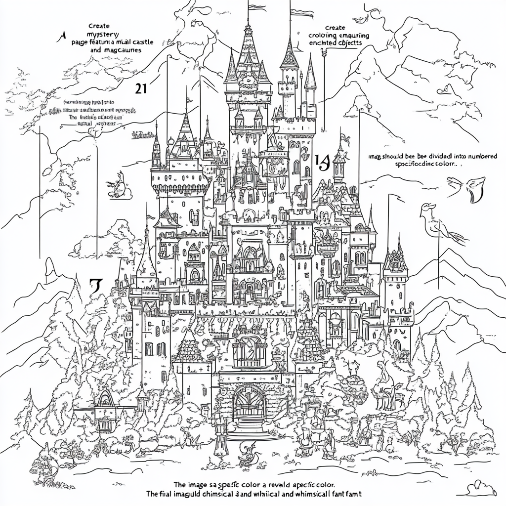 Fantasy castle coloring page with enchanted creatures and objects.