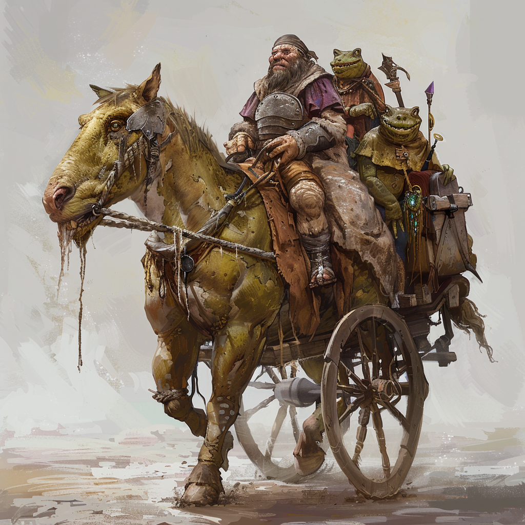 Fantasy characters riding in horse-drawn cart - Stock Photo