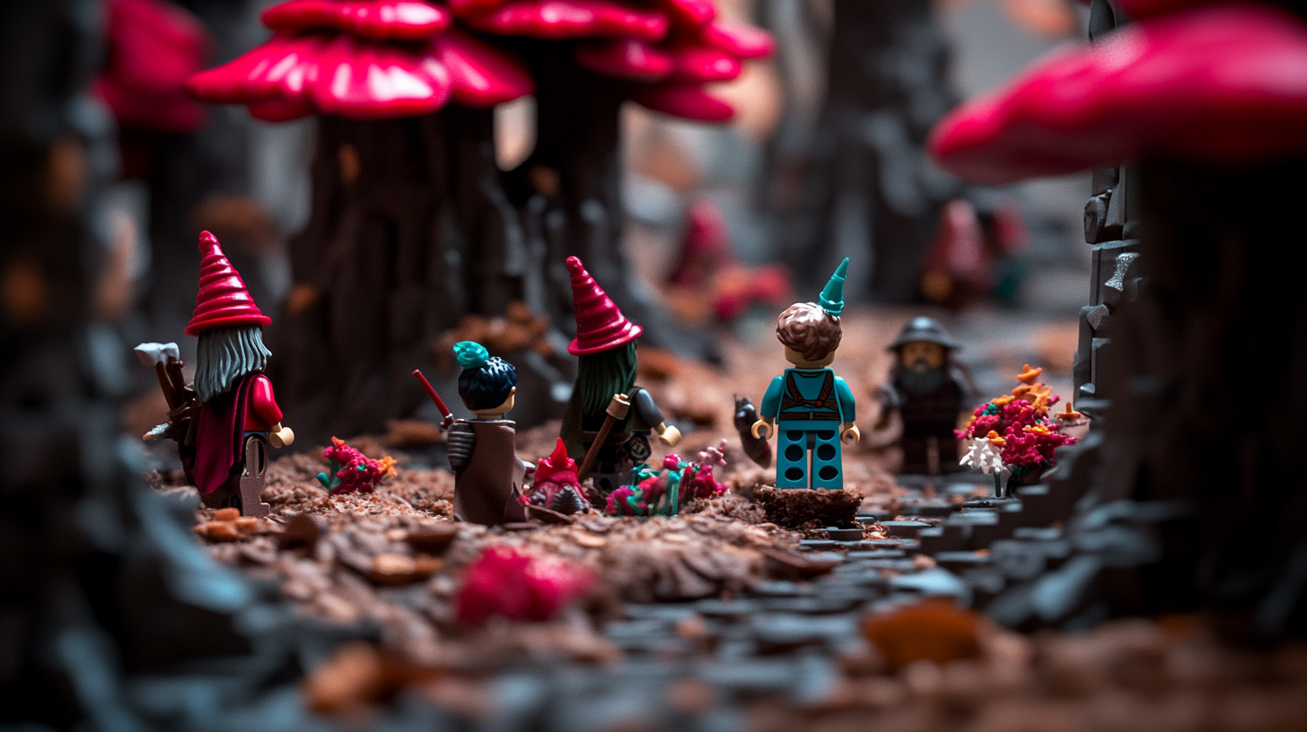 Fantasy creatures in magical forest under colorful light