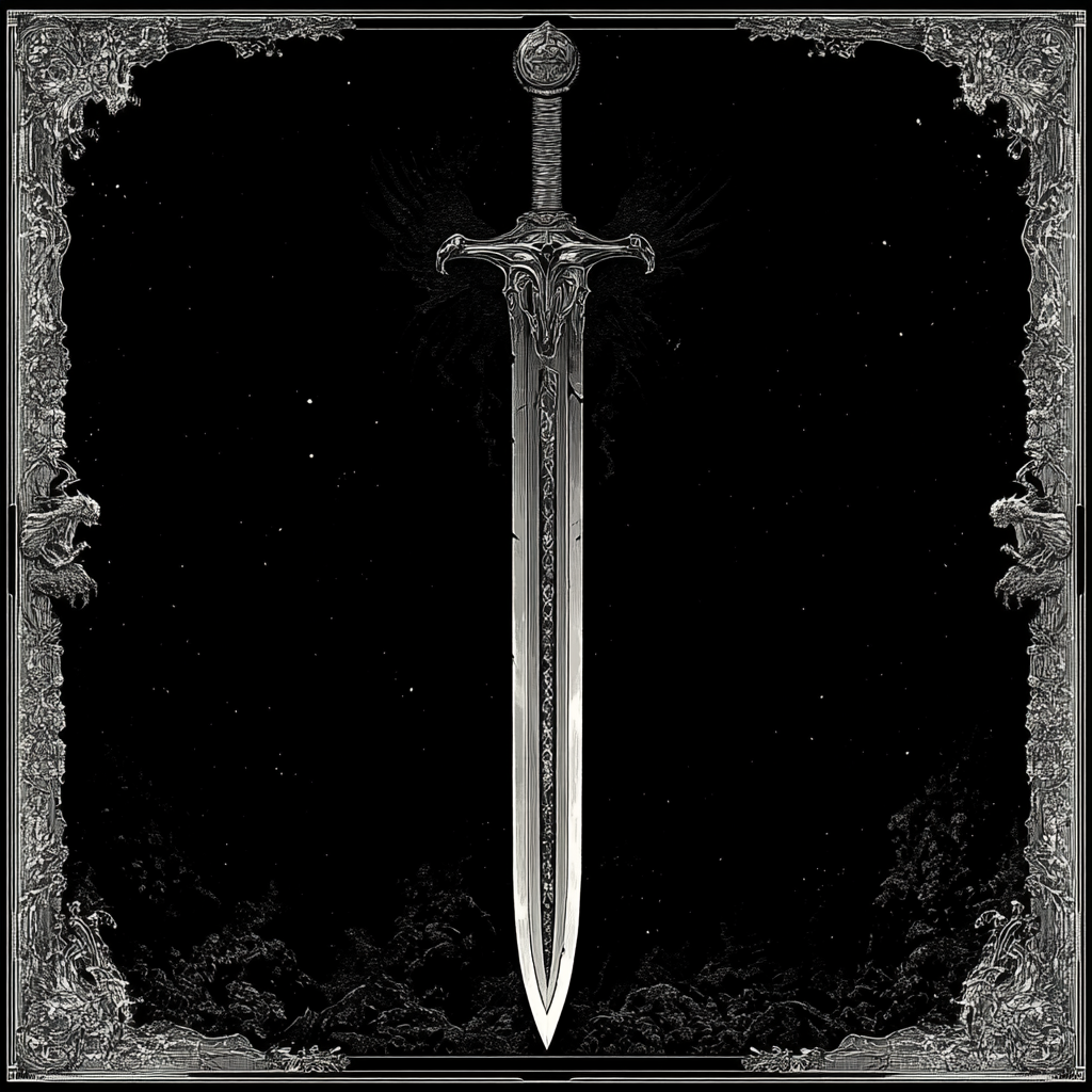 Fantasy dragonslayer sword in monochromatic tones vector art.