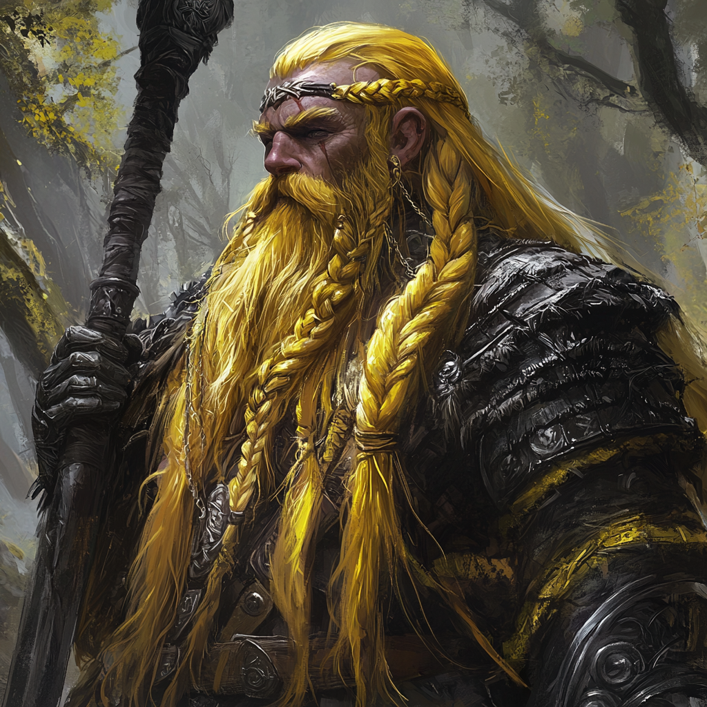 Fantasy dwarf warrior with yellow hair and braided beard.