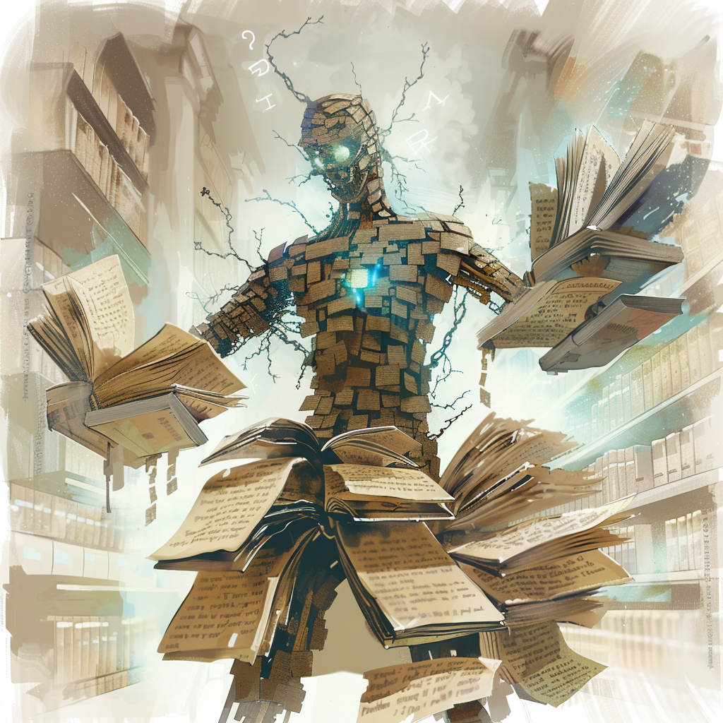 Fantasy elemental made of books and folders, watercolor style.