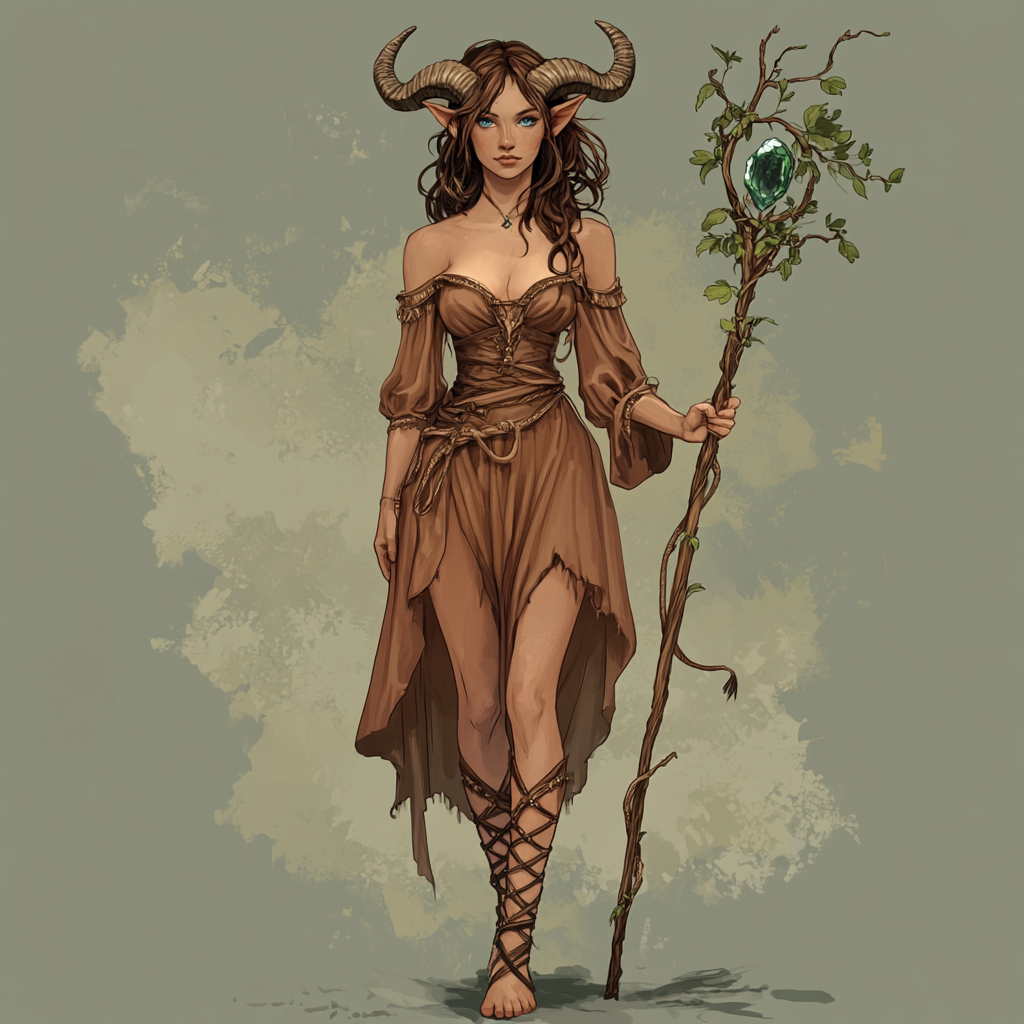 Fantasy female Satyr with ornamental staff. D&D RPG.