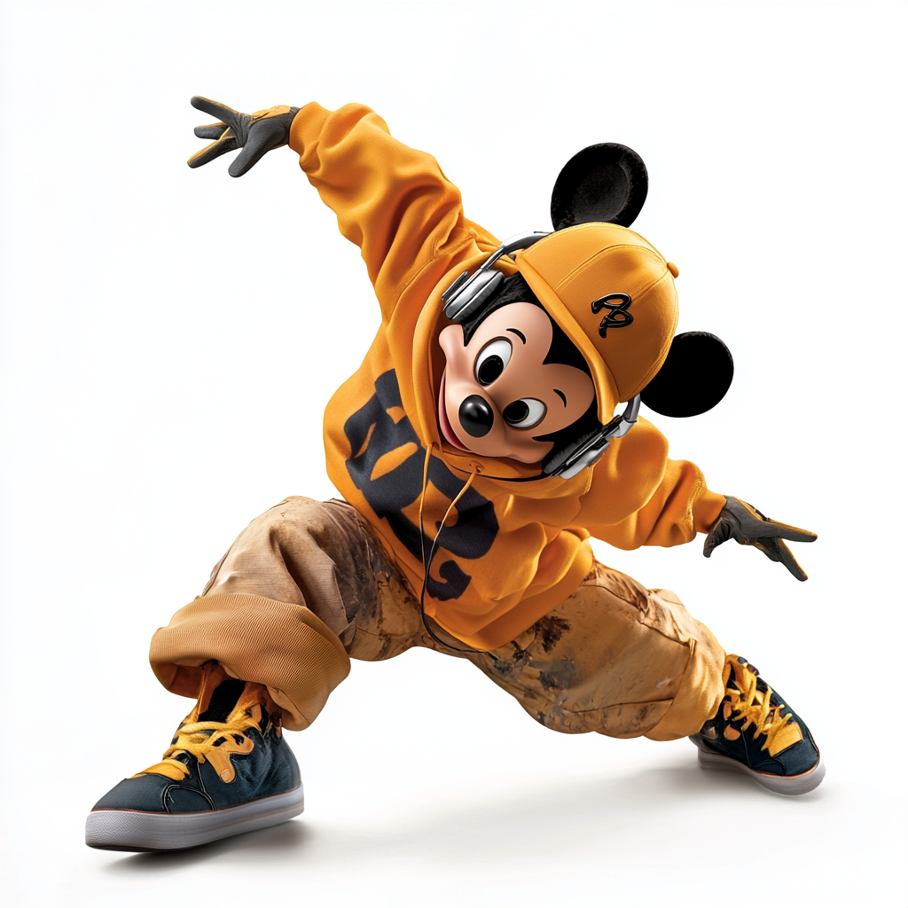 Fantasy figure in Disney cartoon style breakdancing happily.