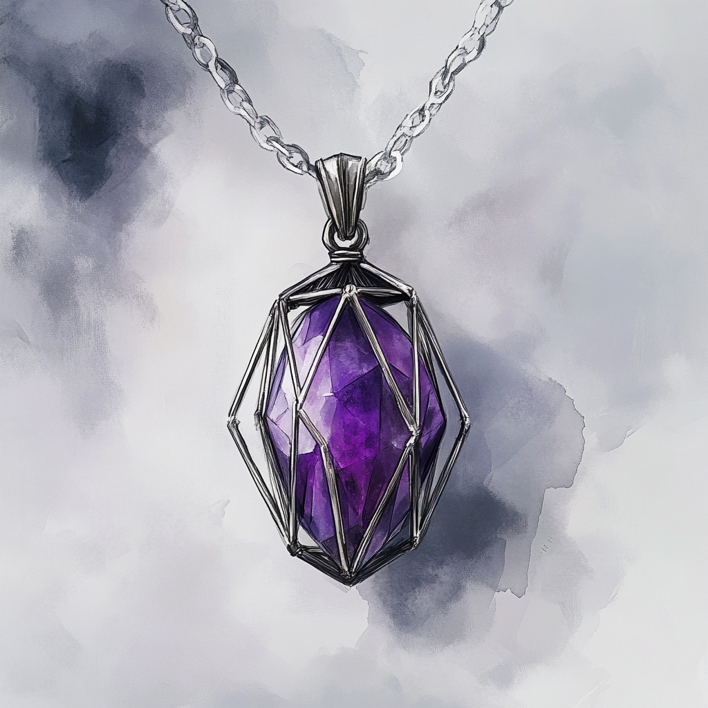 Fantasy game necklace with purple gem in cage