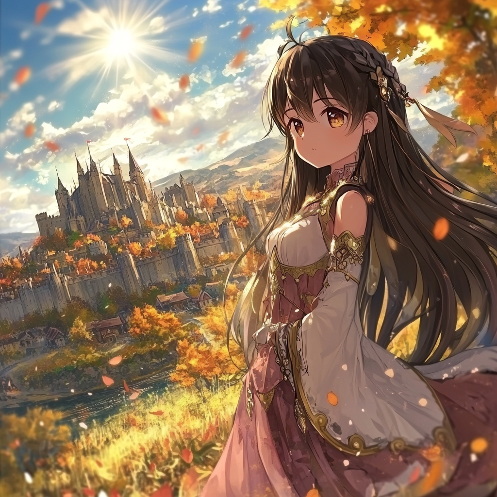 Fantasy girl with long hair in castle town