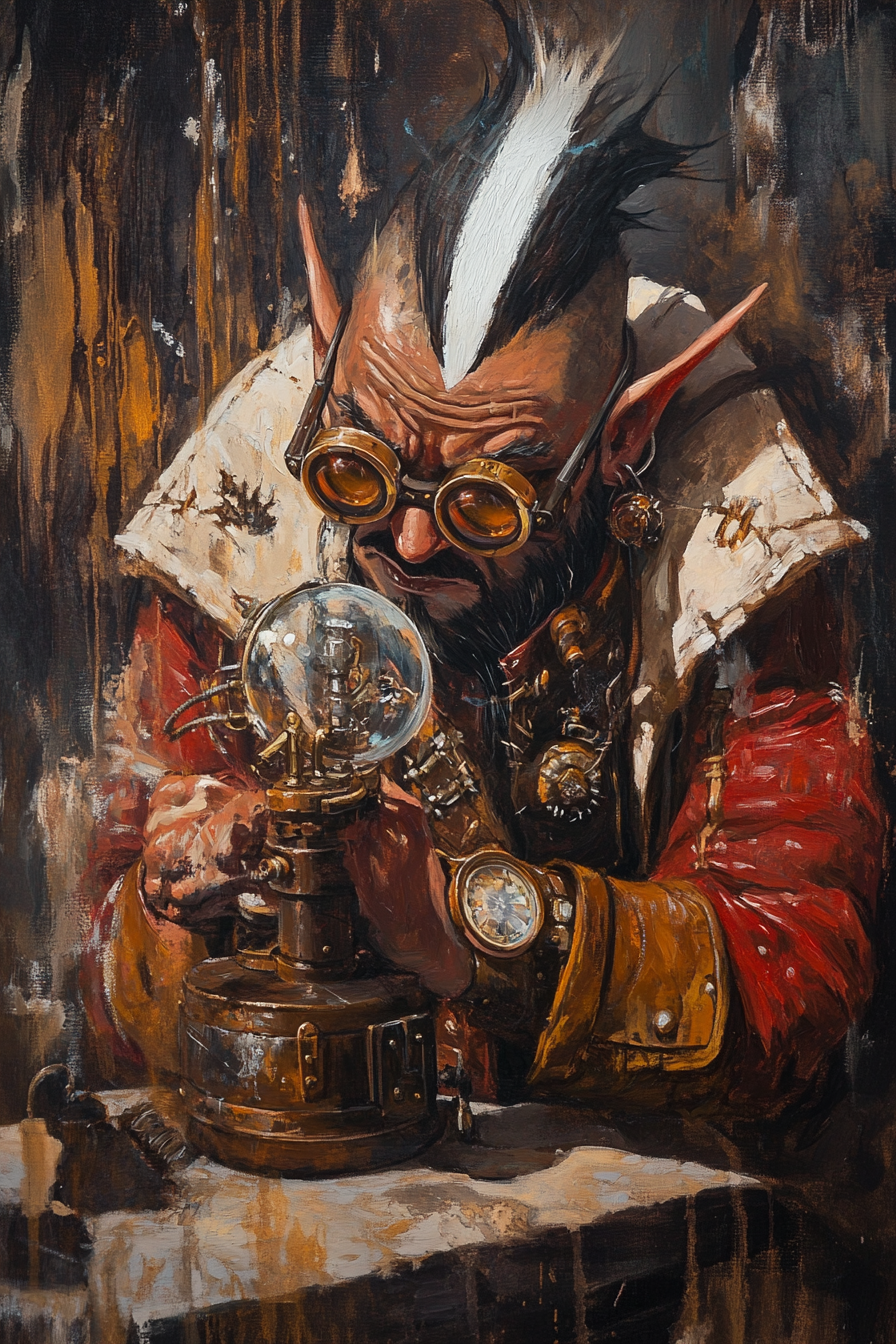 Fantasy gnome with monocle analyzing magical artifact painting.