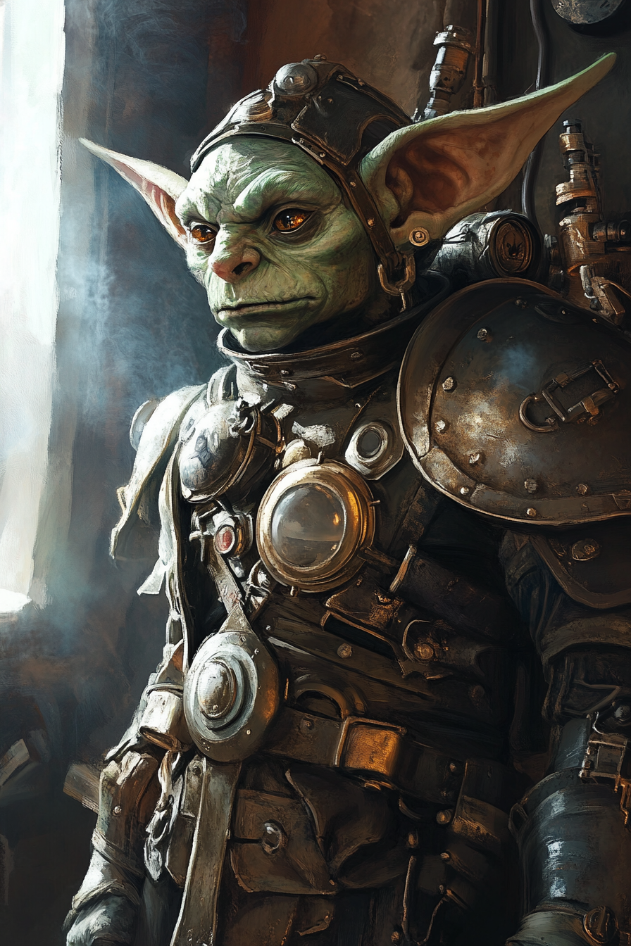 Fantasy goblin warrior in magical armor with gears.