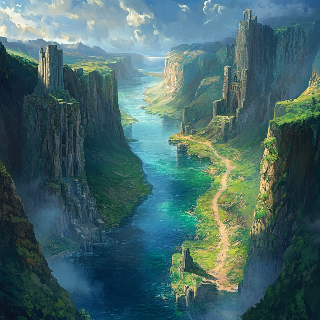 Fantasy landscape with wide river, ancient ruins, dungeons.