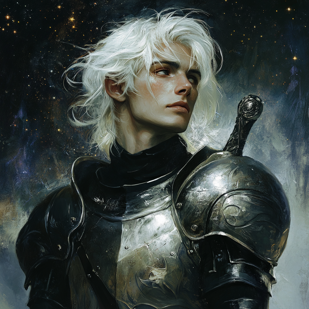 Fantasy lunar prince, human twink in armor portrait.