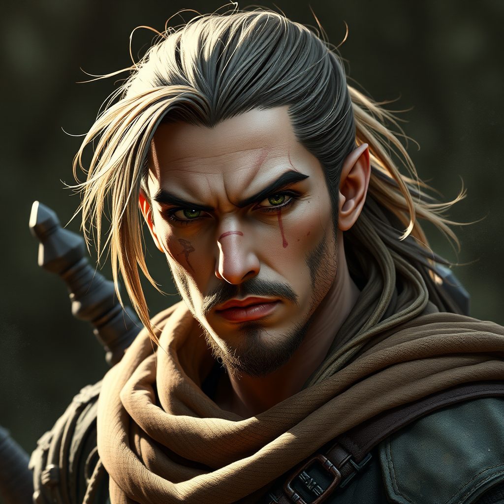 Fantasy male half-elf ranger rogue with ponytail.