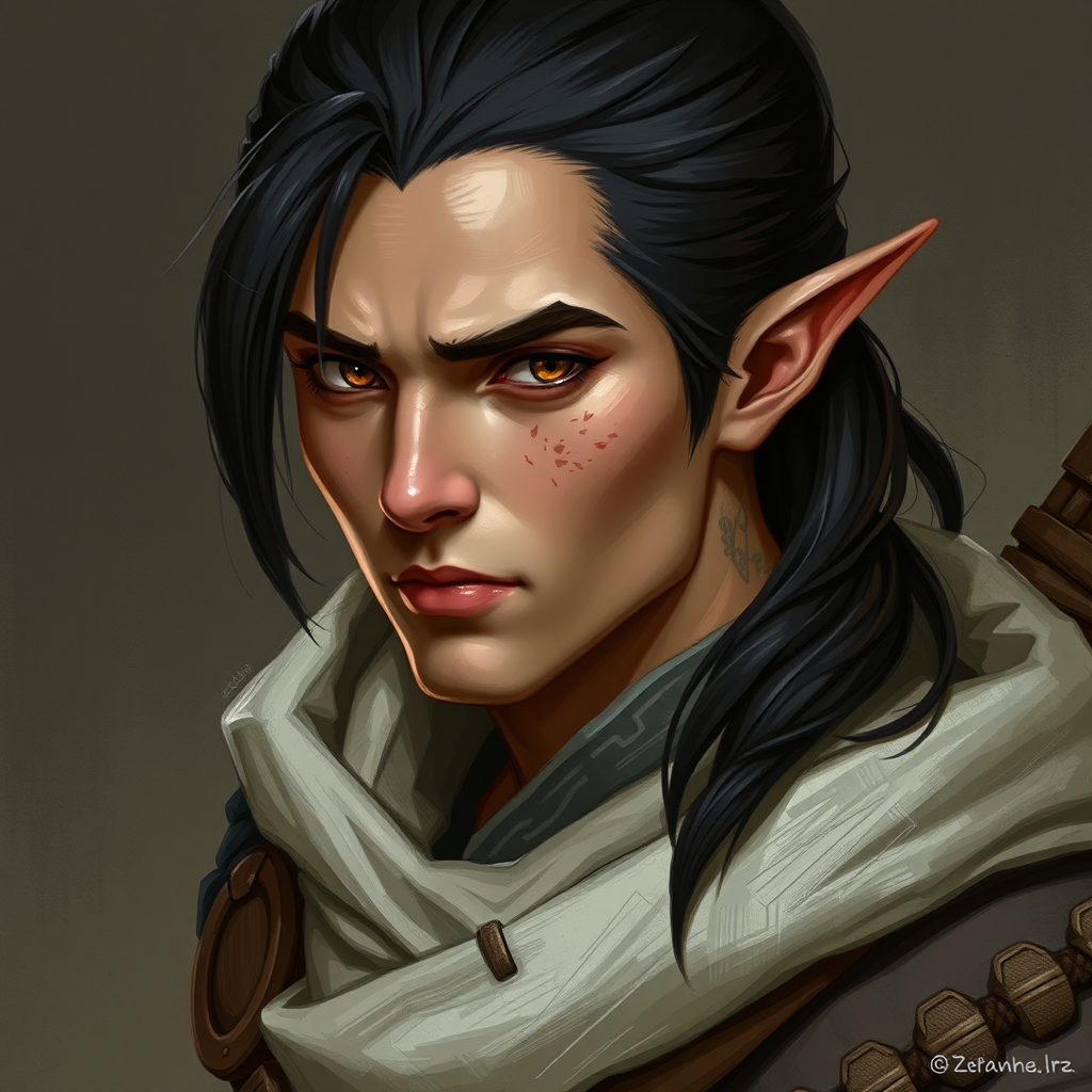 Fantasy male ranger with half-elf features and ponytail.