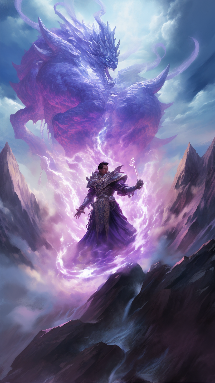 Fantasy monk with ice power, glowing eyes on mountaintop.