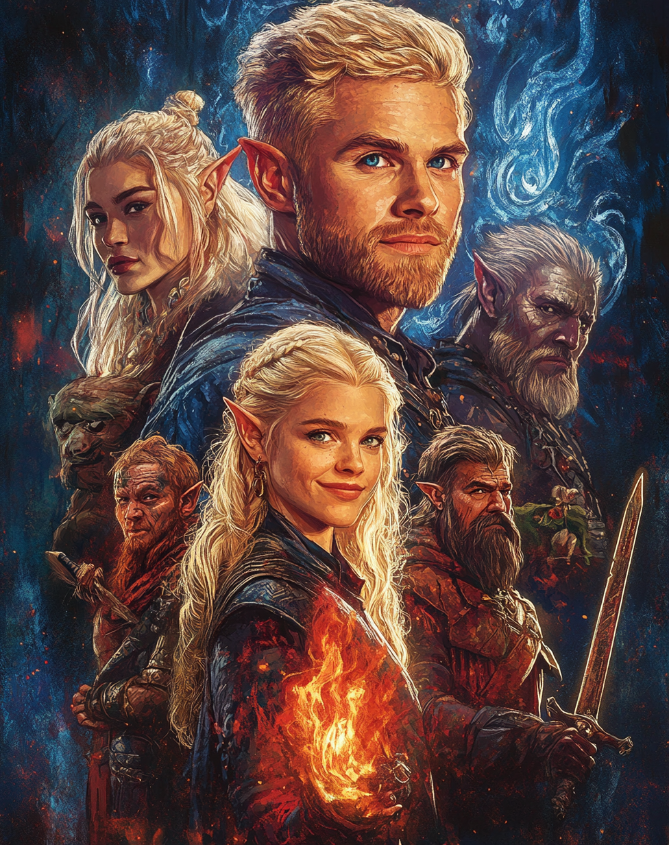 Fantasy movie poster with diverse characters and evil Lord.