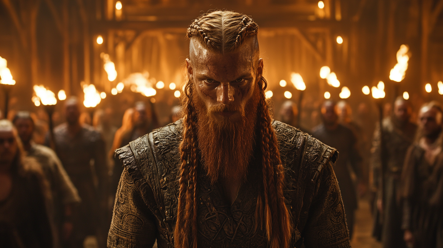 Fantasy movie still: tall viking hunter in crowd.