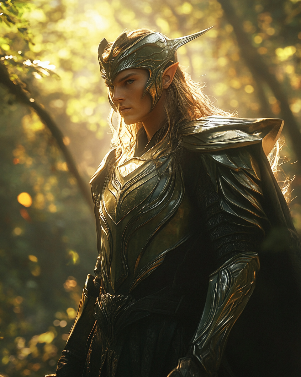 Fantasy movie with Elven King in shiny armor.