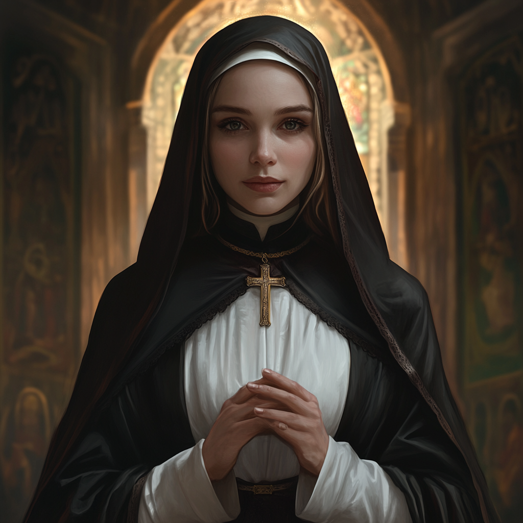 Fantasy portrait: priestess of light in nun-like attire