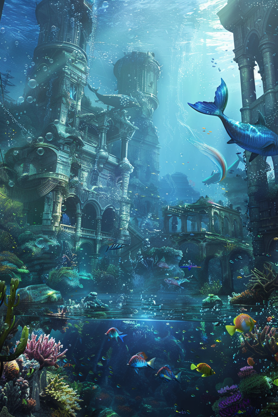 Fantasy realm: Underwater kingdom with coral reefs and mermaids.