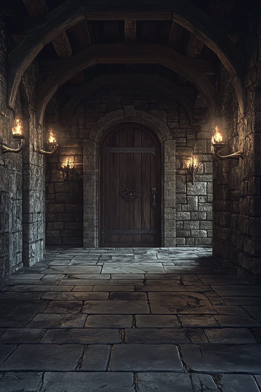 Fantasy room with torches, grey stones, wooden door.