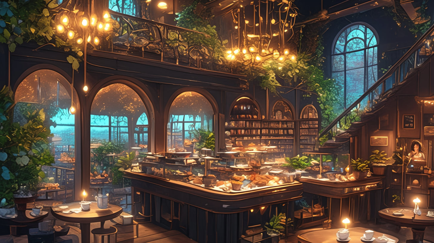 Fantasy-themed coffee shop with pastries and greenery décor