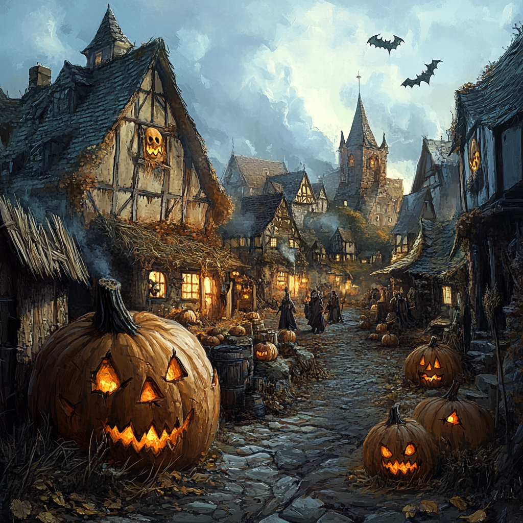 Fantasy village harvest festival with gourds and horror art