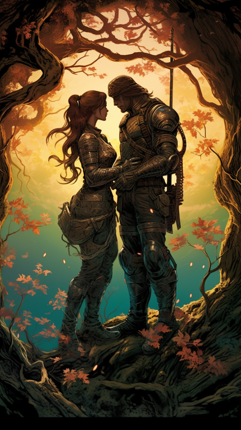 Fantasy warriors in love, with snake and tree.