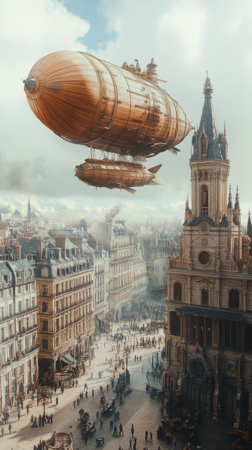 Fantasy wooden airships docking at tower in city.